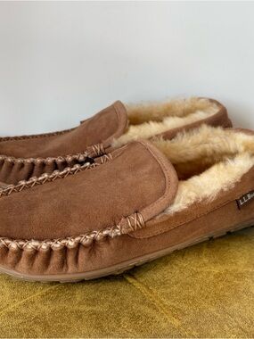 L.L. Bean Men’s Wicked Good Moccasins – Brown Suede Shearling Slipper – Size 7M